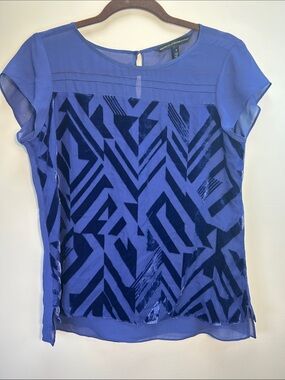 White House Black Market Blue Geometric Velvet Burnout Blouse